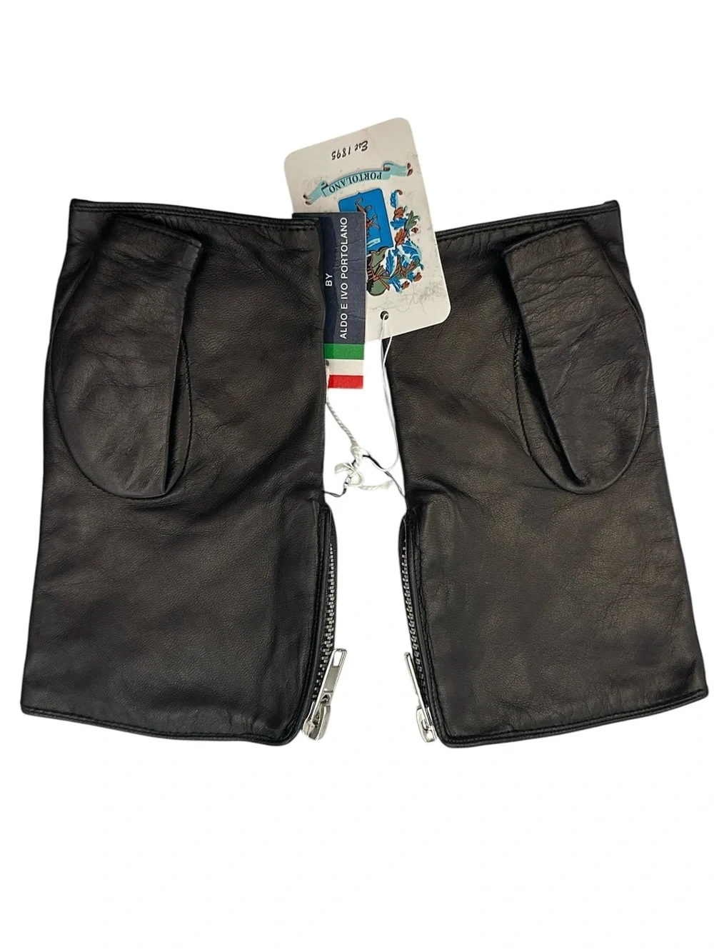 Portolano Black Quilted Leather Fingerless Side Zip Gloves Size 7 NWT